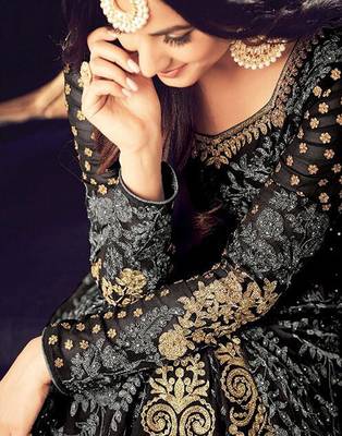 Grey and black  Embroidered Georgette Anarkali Suit 2
