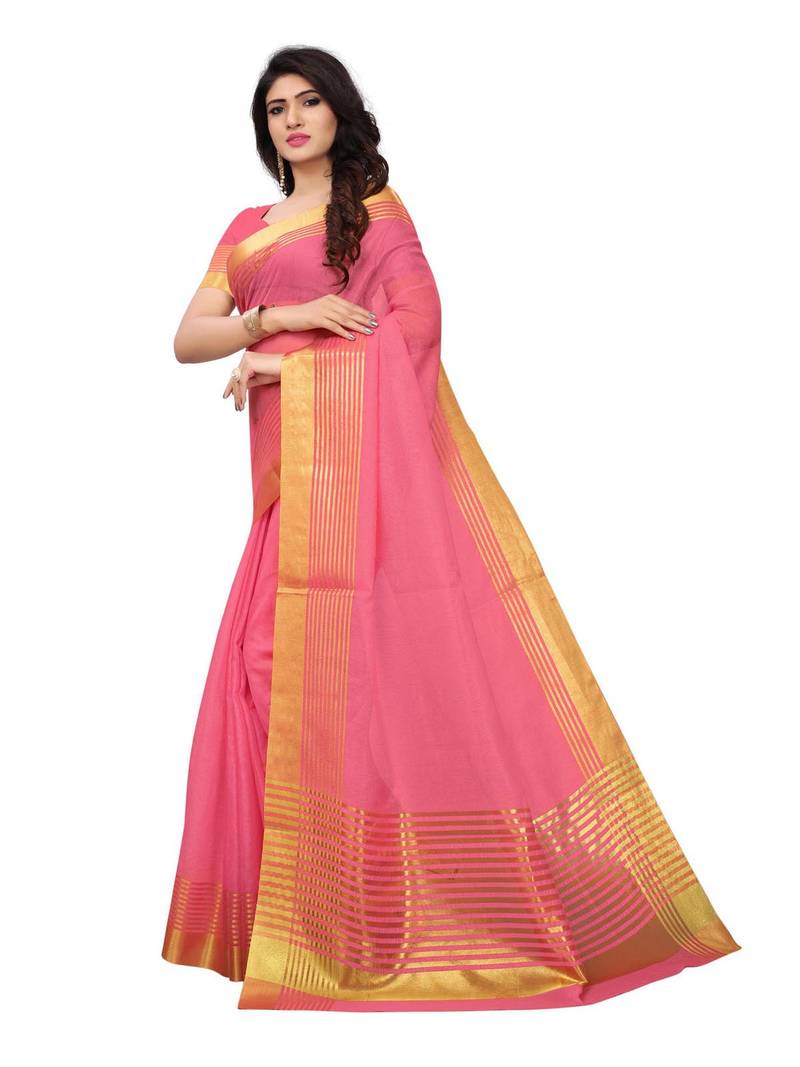 Peach Printed Cotton Silk Saree With Blouse