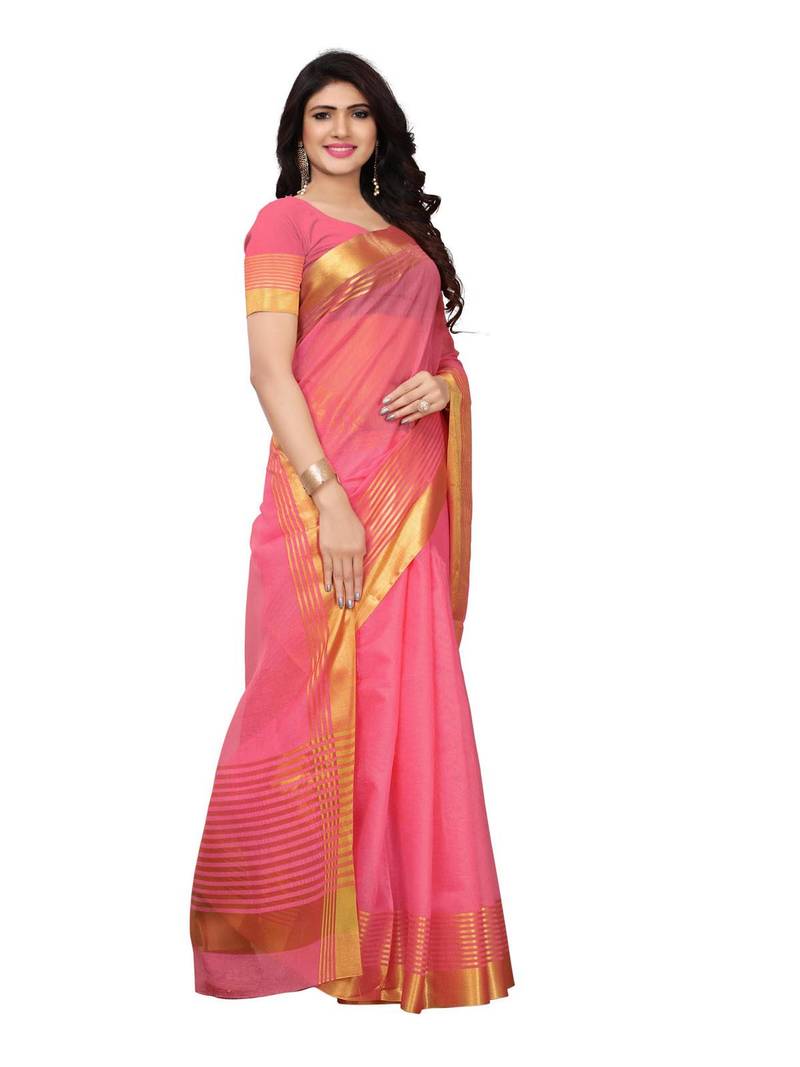 Peach Printed Cotton Silk Saree With Blouse