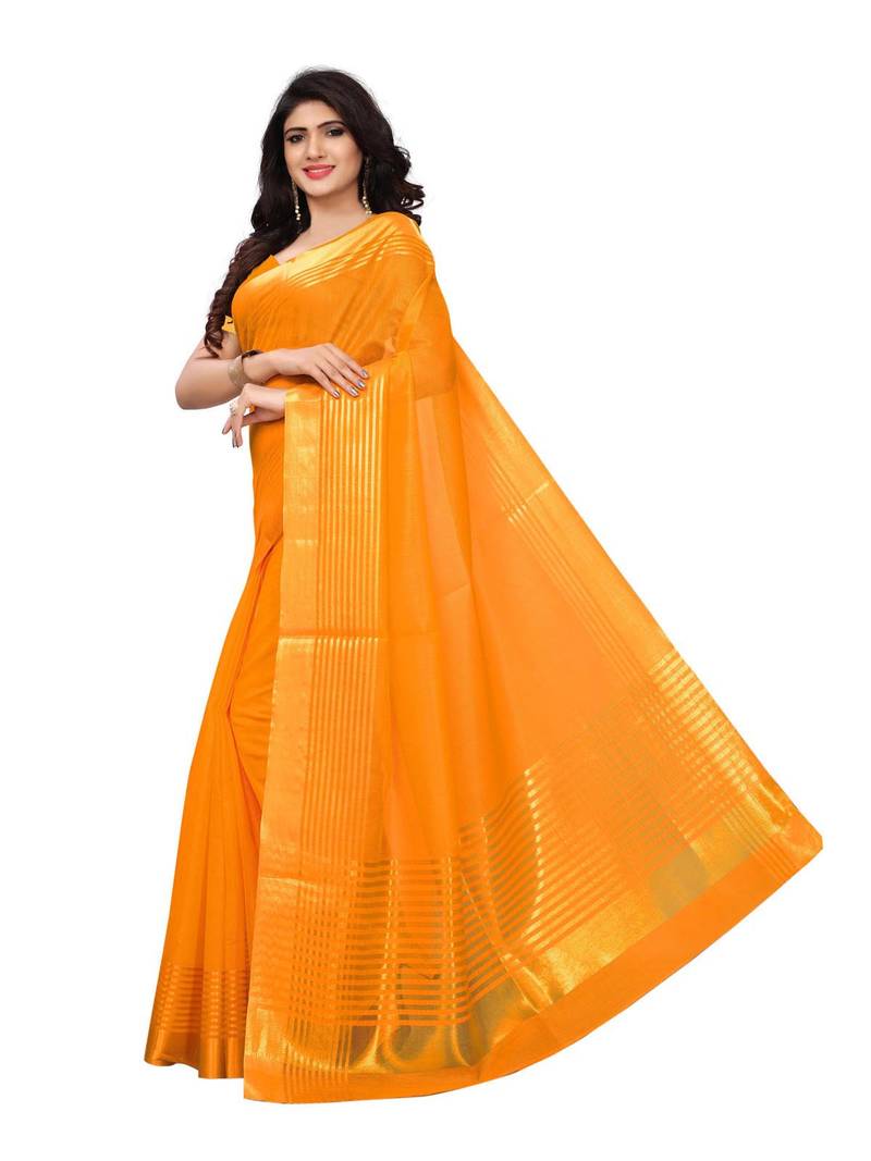 Yellow Printed Cotton Silk Saree With Blouse