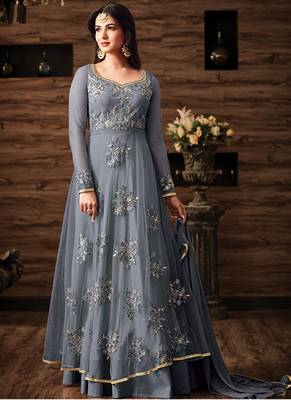 Grey embroidered net Anarkali Suit 1