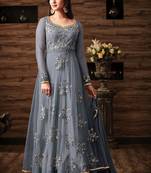 Grey embroidered net Anarkali Suit