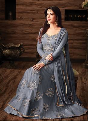 Grey embroidered net Anarkali Suit 2