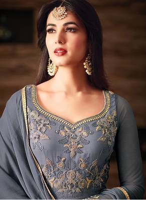 Grey embroidered net Anarkali Suit 3