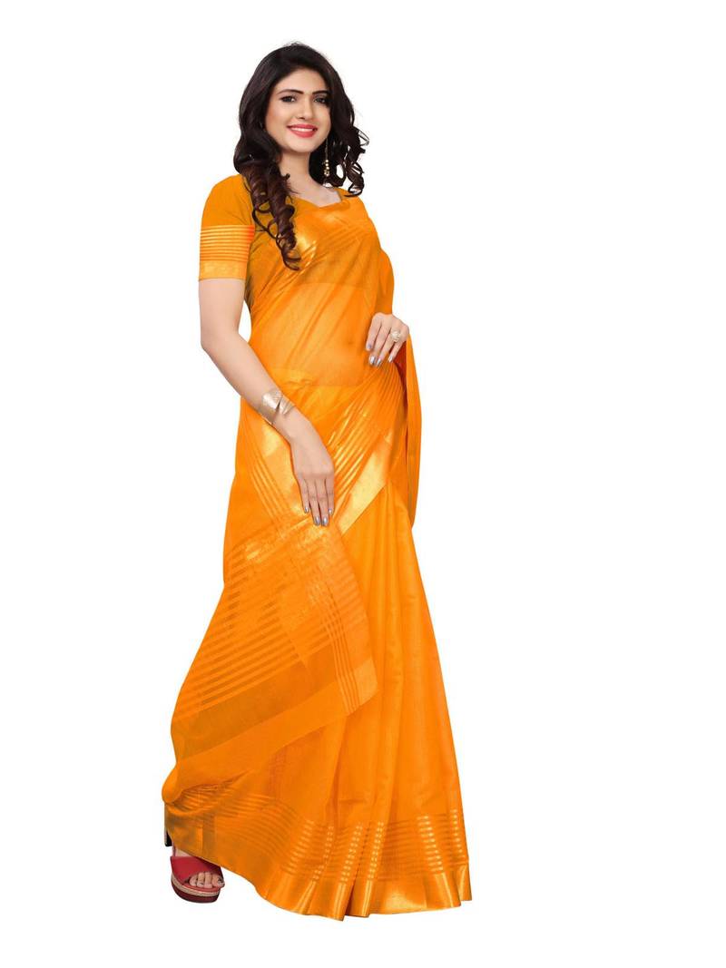 Yellow Printed Cotton Silk Saree With Blouse
