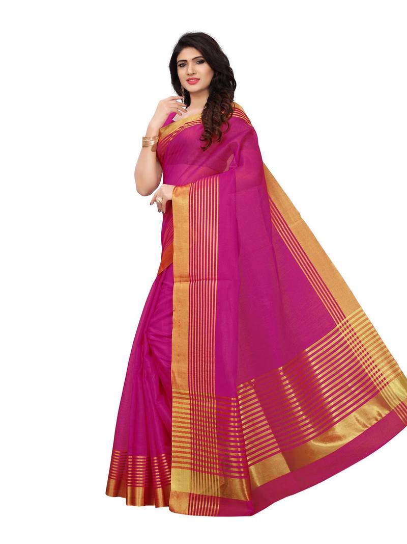 Pink Printed Cotton Silk Saree With Blouse