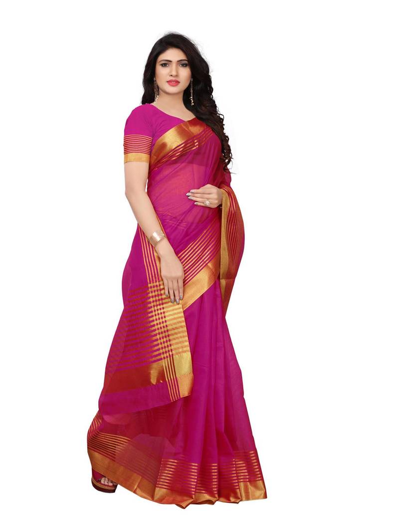 Pink Printed Cotton Silk Saree With Blouse