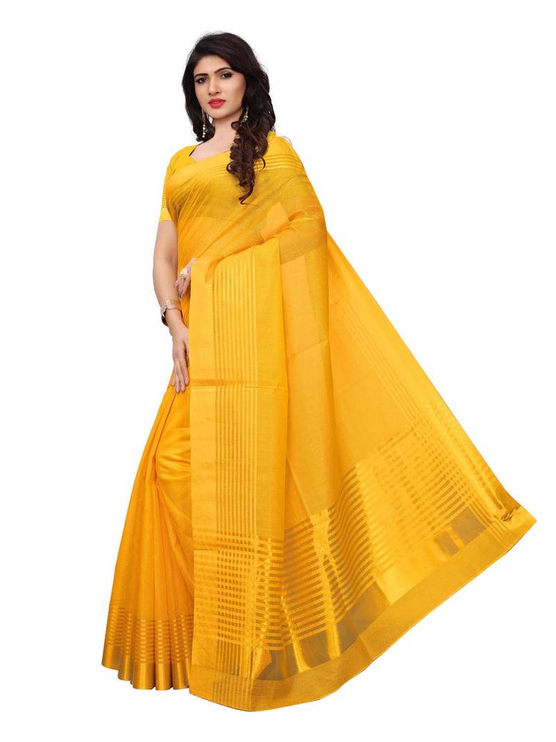 Yellow Printed Cotton Silk Saree With Blouse