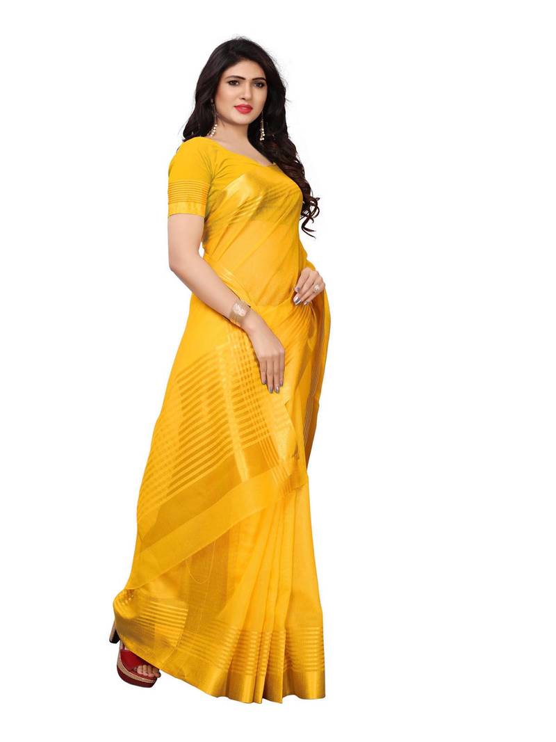 Yellow Printed Cotton Silk Saree With Blouse