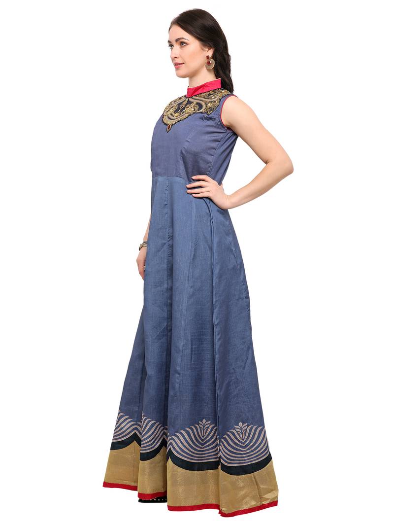 Grey Stone Art Silk Semi Stitched Salwar With Dupatta