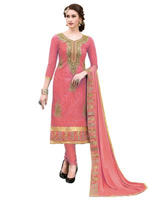 Peach Thread Embroidery Chanderi Unstitched Kameez  With Dupatta 1