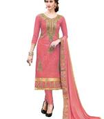 Peach Thread Embroidery Chanderi Unstitched Kameez  With Dupatta