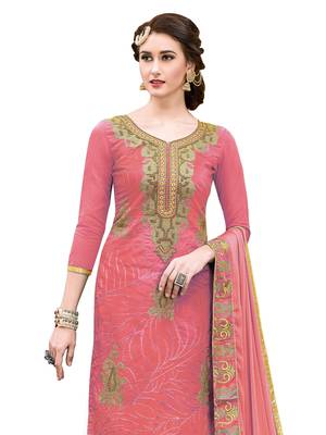 Peach Thread Embroidery Chanderi Unstitched Kameez  With Dupatta 2