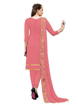 Peach Thread Embroidery Chanderi Unstitched Kameez  With Dupatta 3