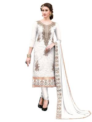 Off- White  Thread Embroidery Chanderi Unstitched Kameez  With Dupatta 1