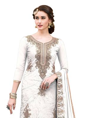 Off- White  Thread Embroidery Chanderi Unstitched Kameez  With Dupatta 2