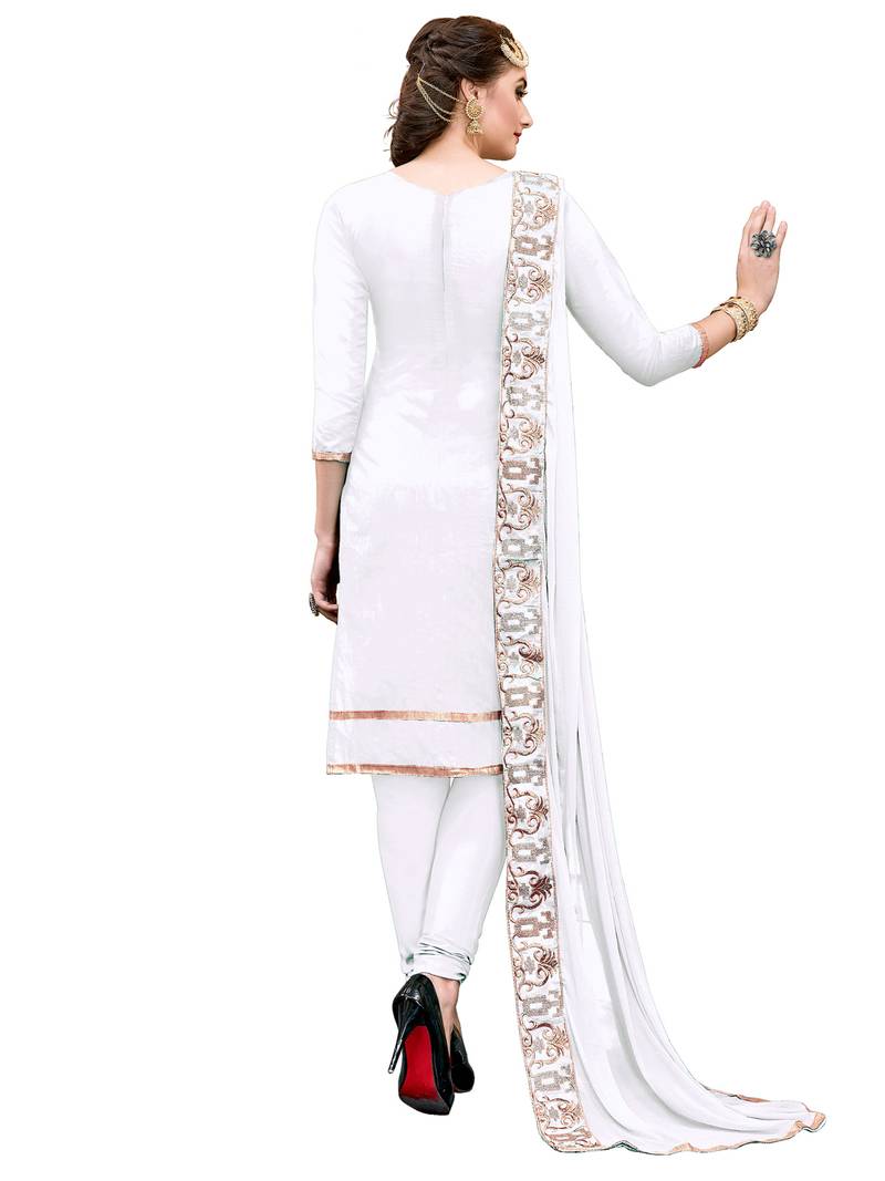 Off- White  Thread Embroidery Chanderi Unstitched Kameez  With Dupatta