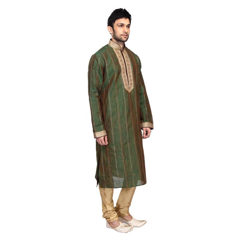 Subtly Corded Green Kurta With V Neck Hand And Machine Embroidered On A