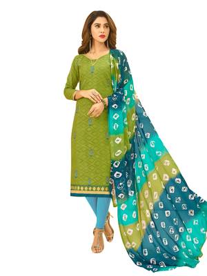 Green Thread Embroidery Cotton Unstitched Salwar With Dupatta 1