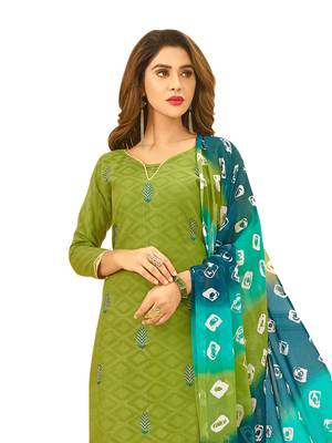 Green Thread Embroidery Cotton Unstitched Salwar With Dupatta 3