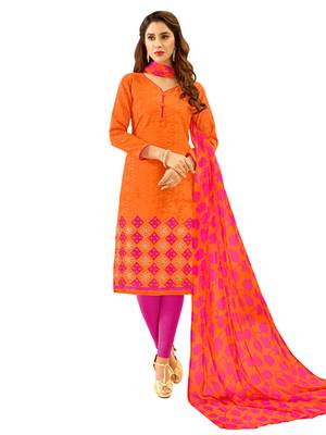 Orange Thread Embroidery Cotton Unstitched Salwar With Dupatta 1