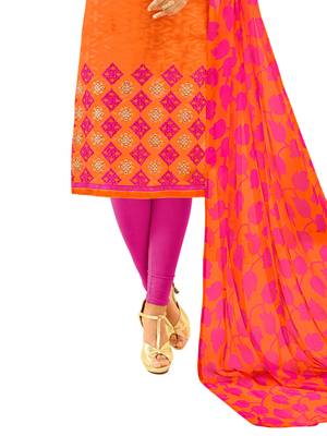 Orange Thread Embroidery Cotton Unstitched Salwar With Dupatta 2