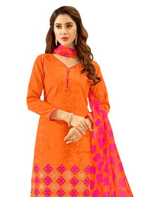 Orange Thread Embroidery Cotton Unstitched Salwar With Dupatta 3