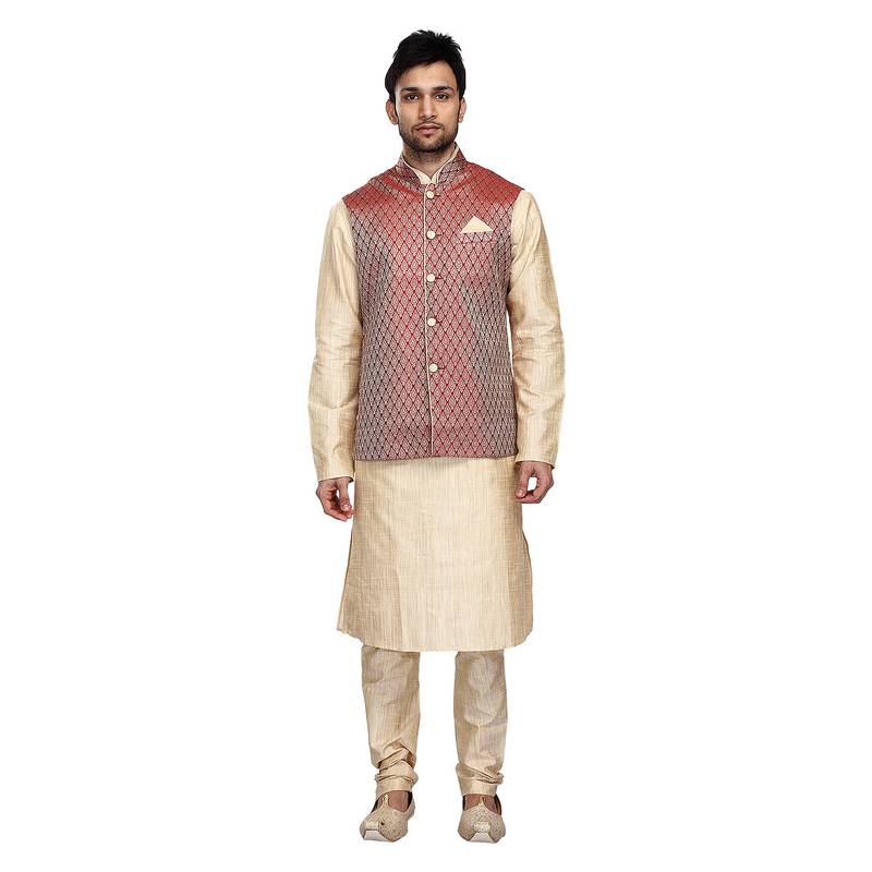 Smart Maroon Jacquard Jacket With Contrast Beige Kurta Set