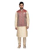 Smart Maroon Jacquard Jacket With Contrast Beige Kurta Set