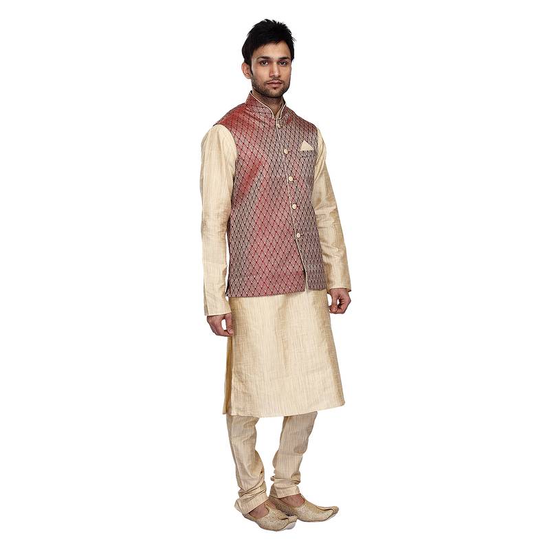 Smart Maroon Jacquard Jacket With Contrast Beige Kurta Set