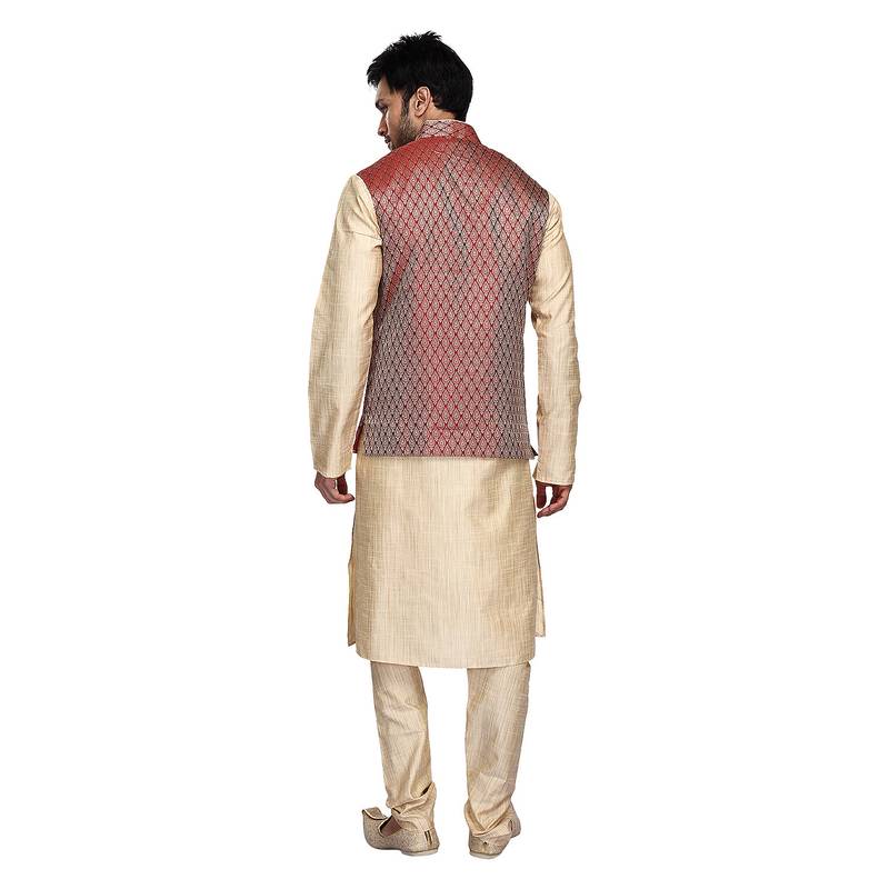 Smart Maroon Jacquard Jacket With Contrast Beige Kurta Set