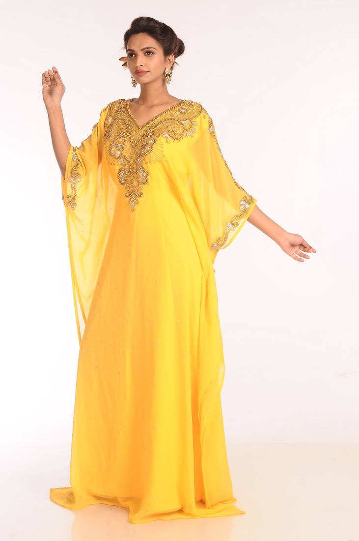 Yellow Embroidered Georgette Islamic Kaftans With Zari Work
