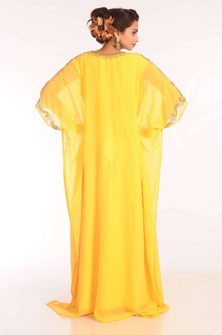 Yellow Embroidered Georgette Islamic Kaftans With Zari Work