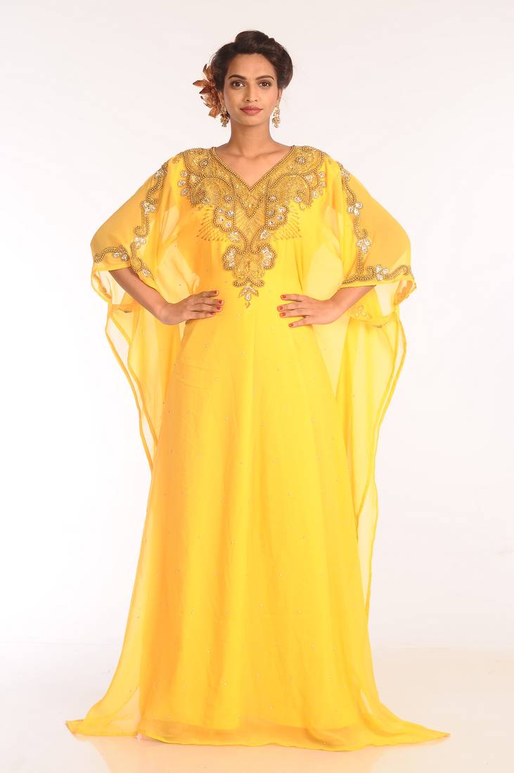 Yellow Embroidered Georgette Islamic Kaftans With Zari Work