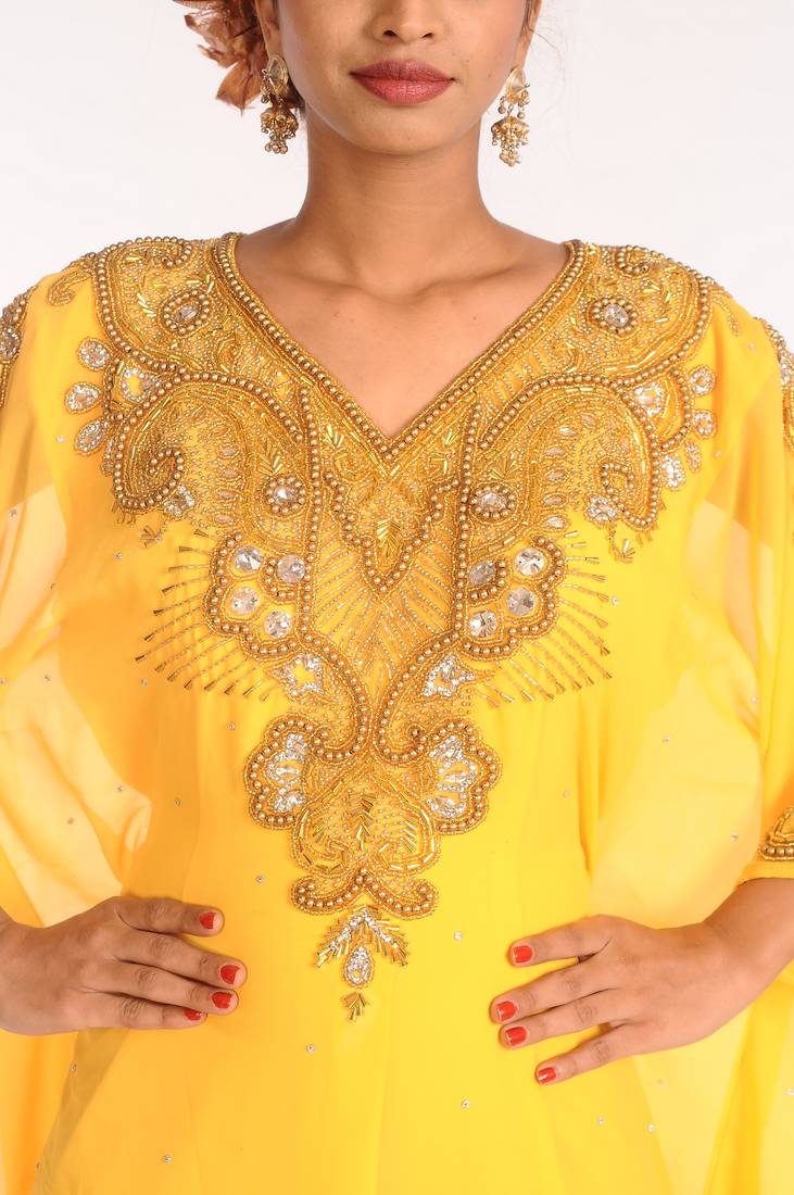 Yellow Embroidered Georgette Islamic Kaftans With Zari Work