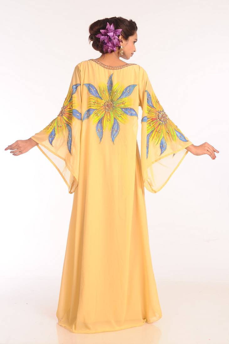 Yellow Embroidered Georgette Islamic Kaftans With Zari Work