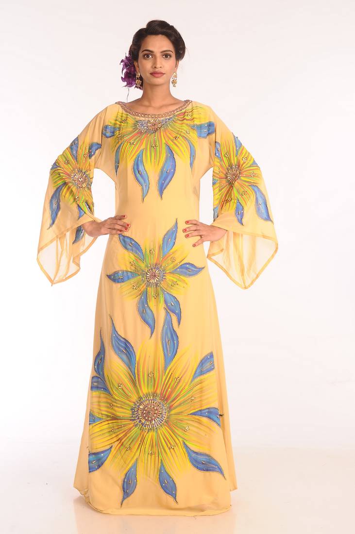 Yellow Embroidered Georgette Islamic Kaftans With Zari Work