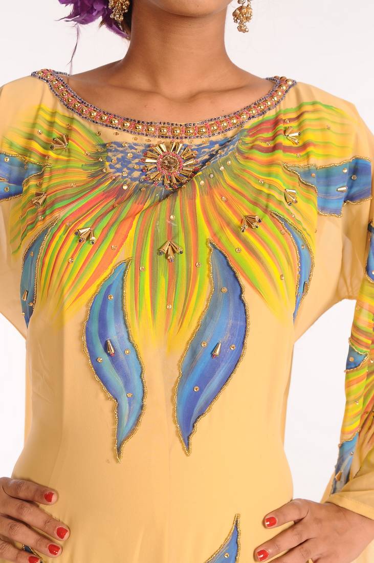 Yellow Embroidered Georgette Islamic Kaftans With Zari Work