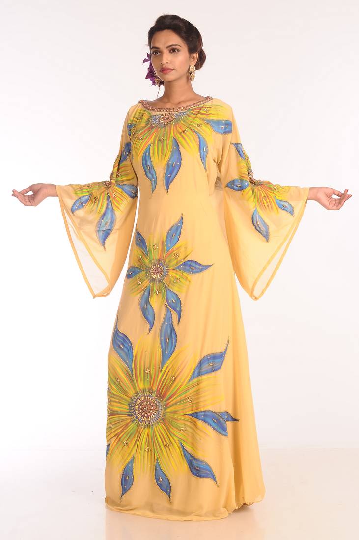 Yellow Embroidered Georgette Islamic Kaftans With Zari Work