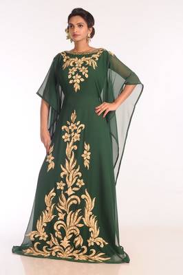Green Embroidered Georgette Islamic Kaftans With Zari Work 2