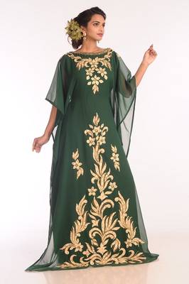 Green Embroidered Georgette Islamic Kaftans With Zari Work 1