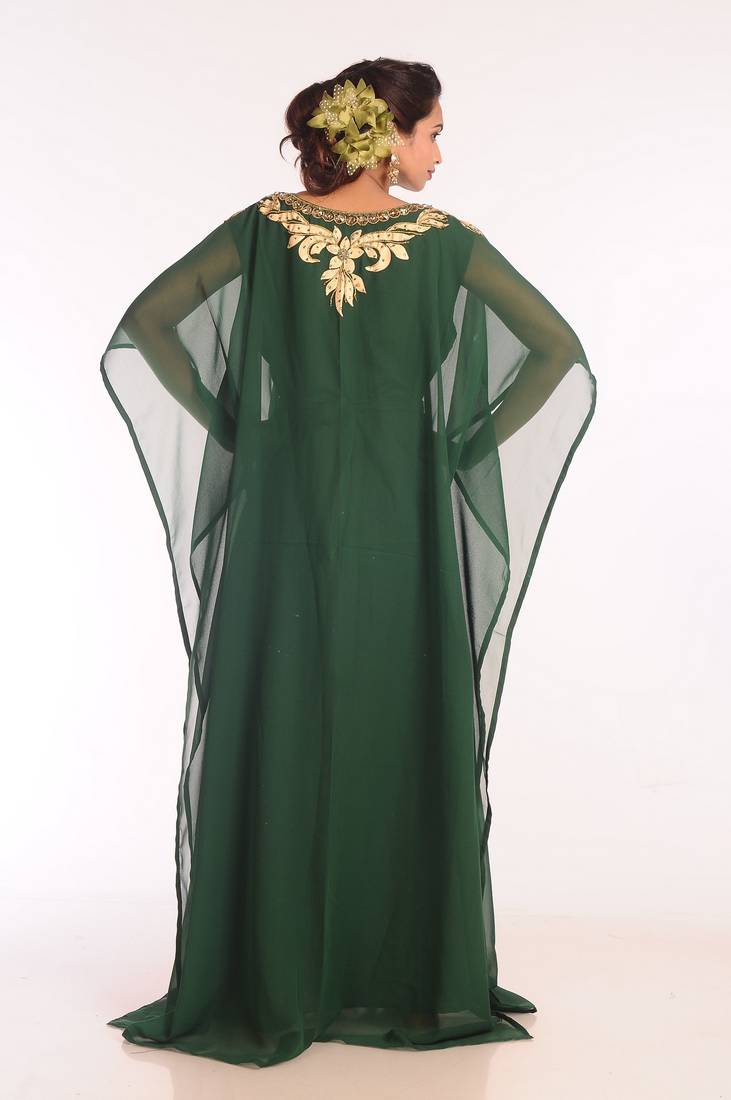 Green Embroidered Georgette Islamic Kaftans With Zari Work