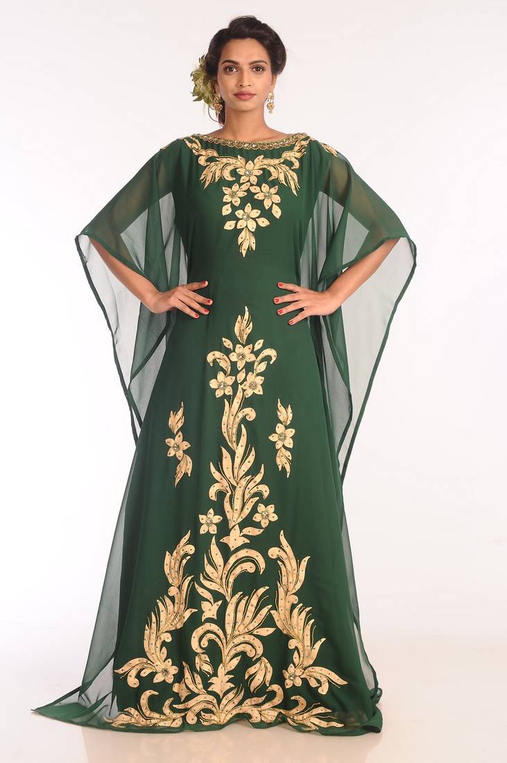 Green Embroidered Georgette Islamic Kaftans With Zari Work