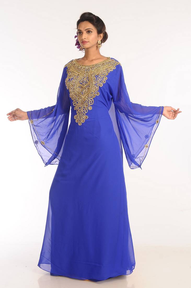 Blu Embroidered Georgette Islamic Kaftans With Zari Work