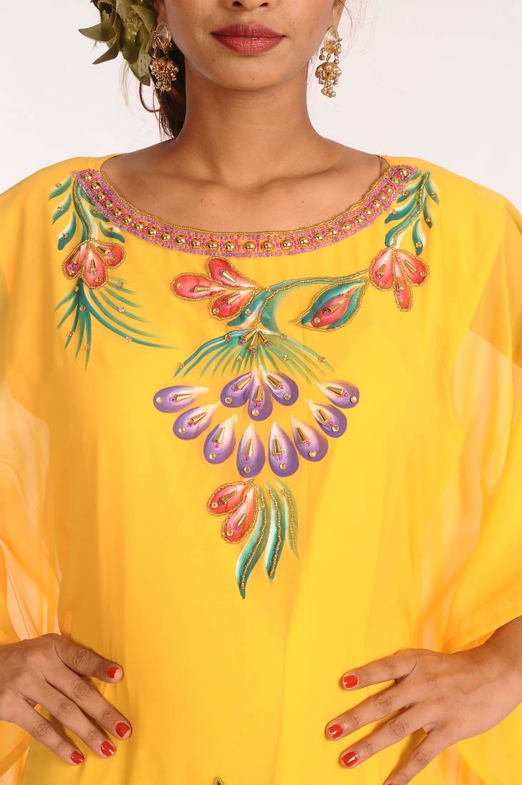 Yellow Embroidered Georgette Islamic Kaftans With Zari Work