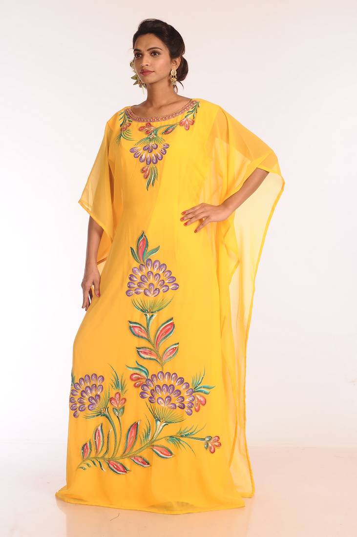 Yellow Embroidered Georgette Islamic Kaftans With Zari Work