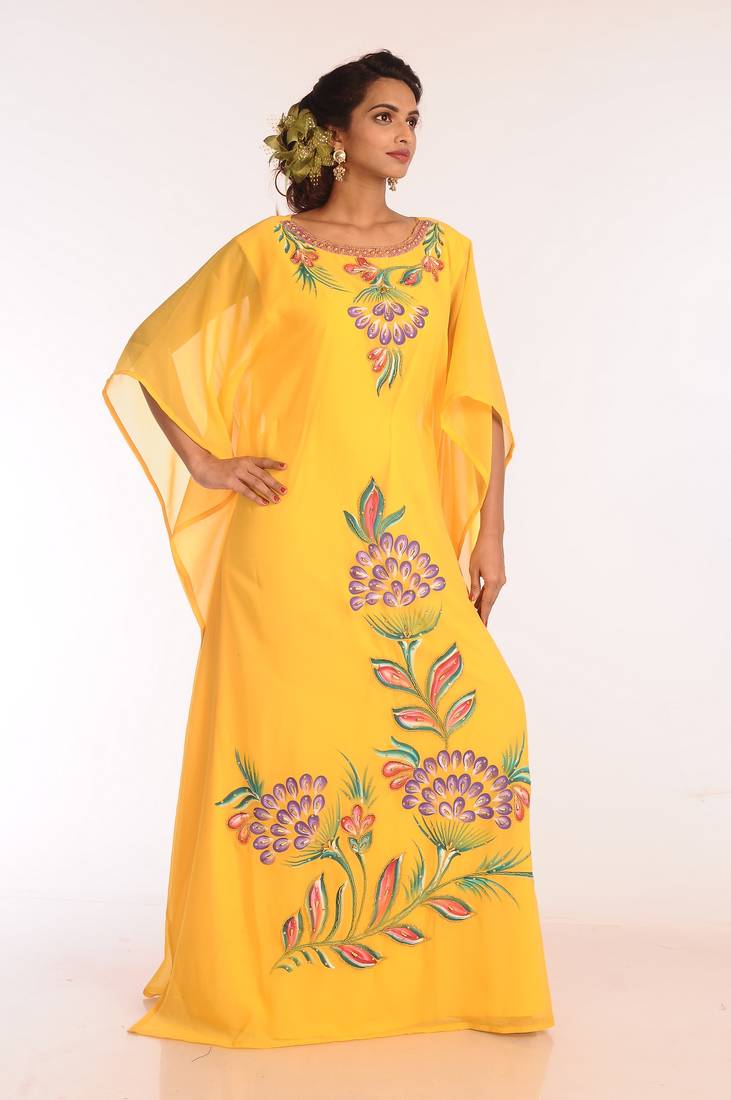 Yellow Embroidered Georgette Islamic Kaftans With Zari Work