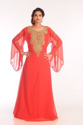 Red Embroidered Georgette Islamic Kaftans With Zari Work 1