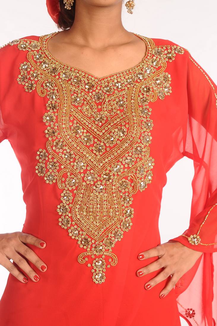 Red Embroidered Georgette Islamic Kaftans With Zari Work