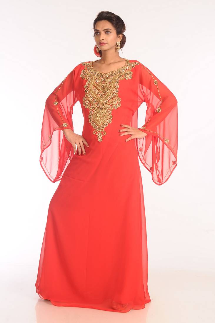 Red Embroidered Georgette Islamic Kaftans With Zari Work